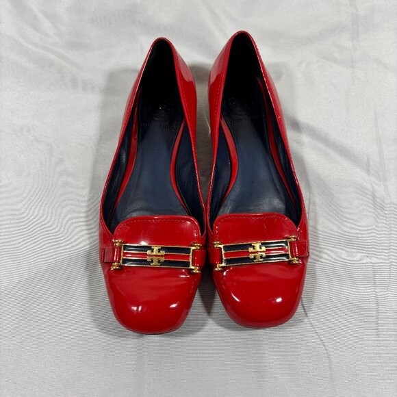 TORY BURCH Red Flats Patent Leather Ballet With Logo Cerise Shoes Size 6.5M - Picture 4 of 9